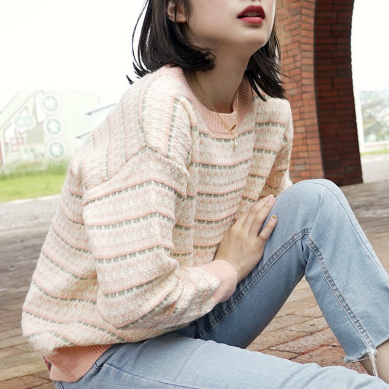 

2021 New Knitted Vintage Women Knit Top Casual O-neck Sweet Long Sleeve Korean Sweater Autumn Women's Clothing 2uwh, Sky blue