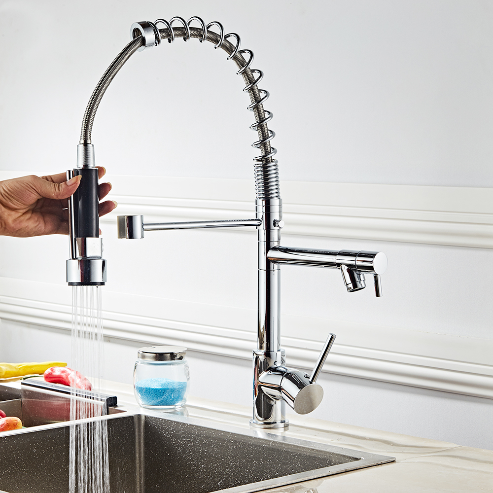 

All Copper Kitchen Faucet Stainless Steel 360 Rotatable Extension Type Double Outlet Spring Faucet Can Adjust Hose Length Free Shipping