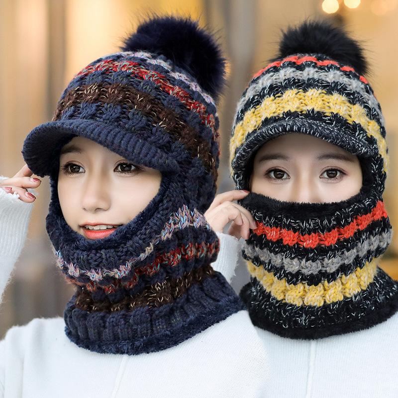 

2020 Hat winter women's Mask Hat for girls Scarf Thick Warm Fleece Inside Knitted Scarf Set Winter Riding fashion Hats, Dark blue