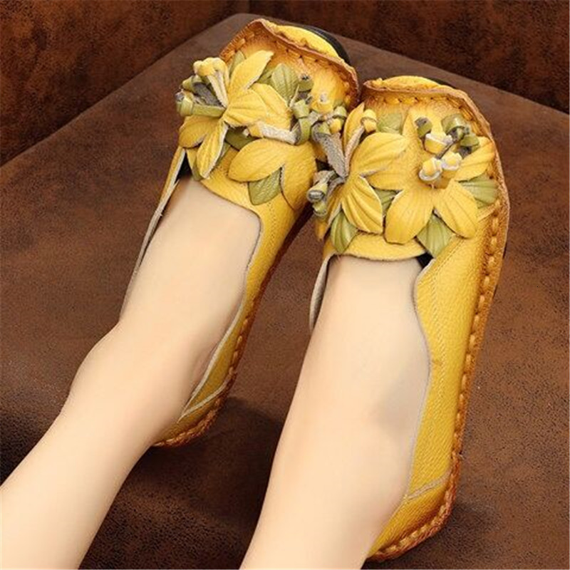 

New Genuine 2021 Leather of Flowers Handmade to Women Dancing Apartments Floral Flats Fund Macio Shoes Moccasins AI7U, Red