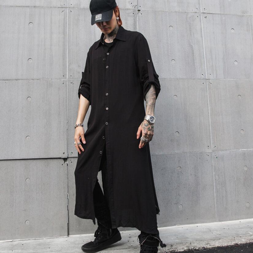 

2021 Hip Hop Street Men's Shirts Side Shirt Share Black Stage Club Men Hiphop Blouse Occasional Long Coat for Man 44t9