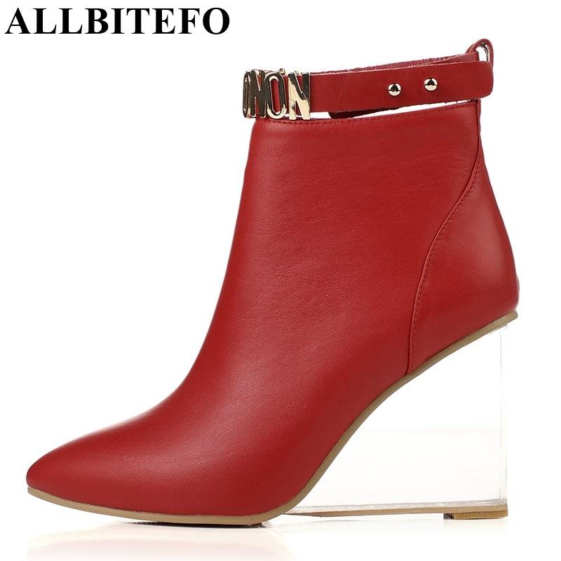 

ALLBITEFO size:33-41 genuine leather pointed toe wedges heel women ankle boots fashion crystal heel design charm boots woman, Plush inside
