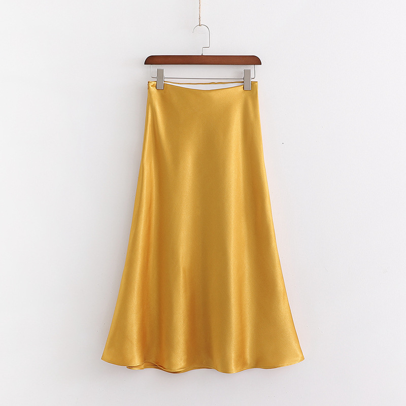 

New 2021 Women High Waist Spring A-line Fashion Pure Color Elegant Midi Length Skirt Faldas Jupe Femme Saia 39bl, Yellow