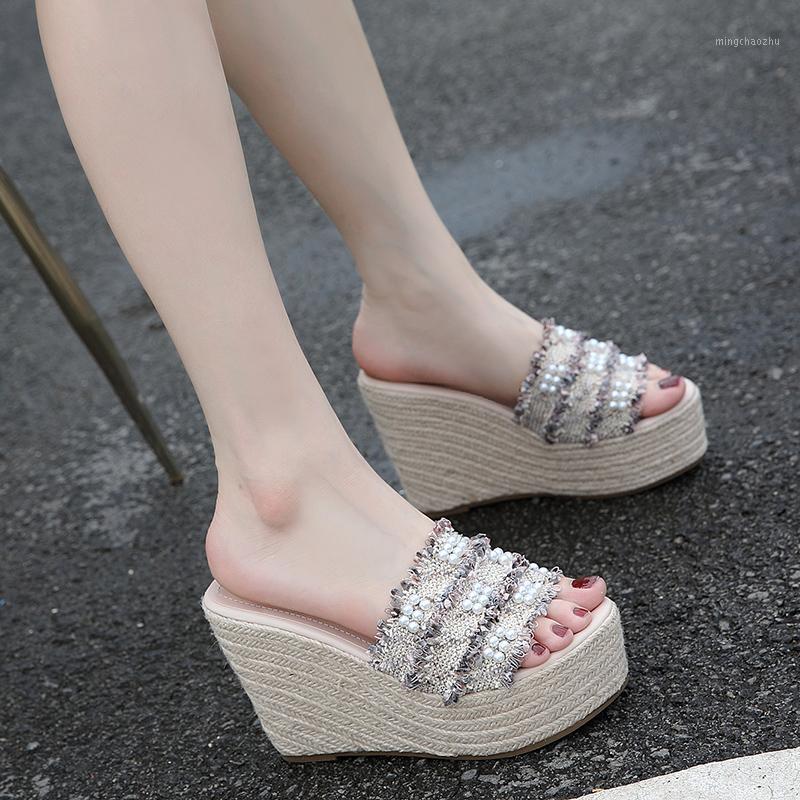 

Women's Sandals 2020 Summer Wedge Slippers Shoes Women Vintage Flip Flops Female Beading Sandals Lady Casual Slides YMB2361, Beige