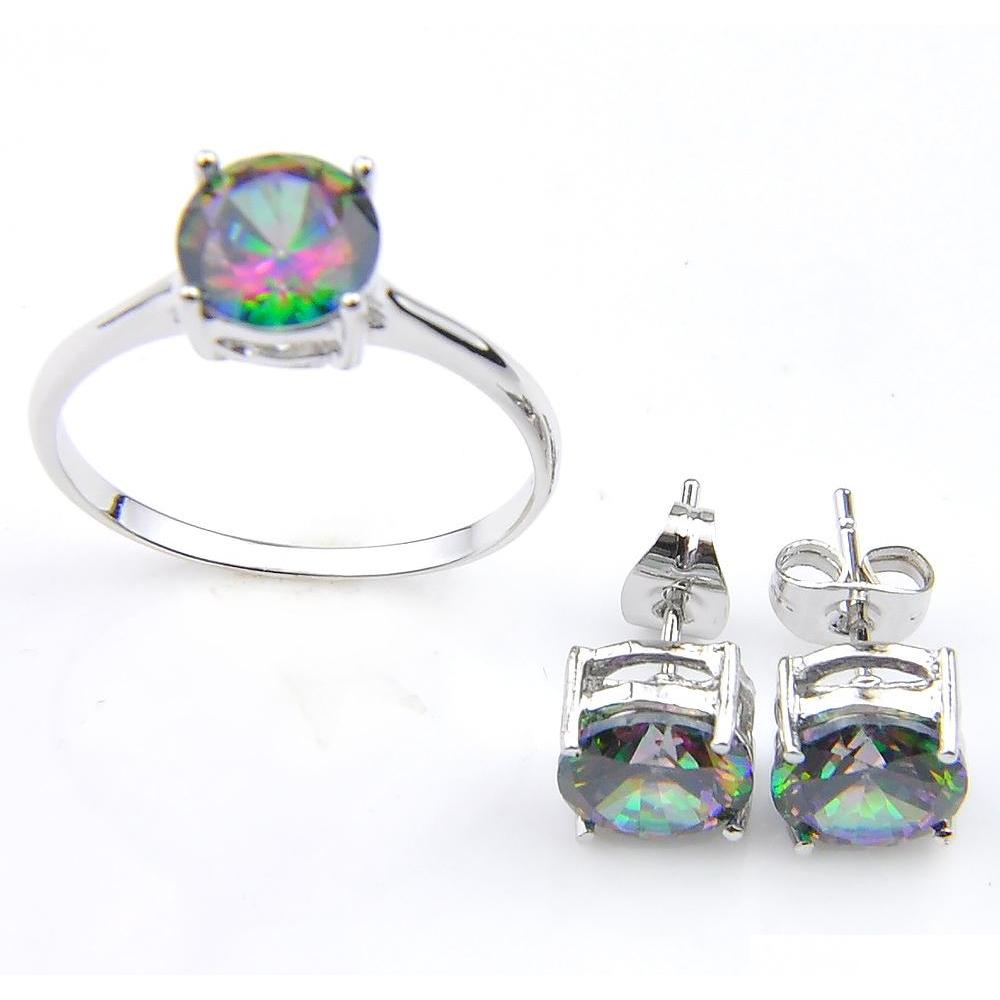 

Luckyshine Holiday Jewelry Gift Classic Rainbow Mystic Topaz Gems 925 Sterling Silver Ring Stud Earrings Women Jewelry Set 5Bibx