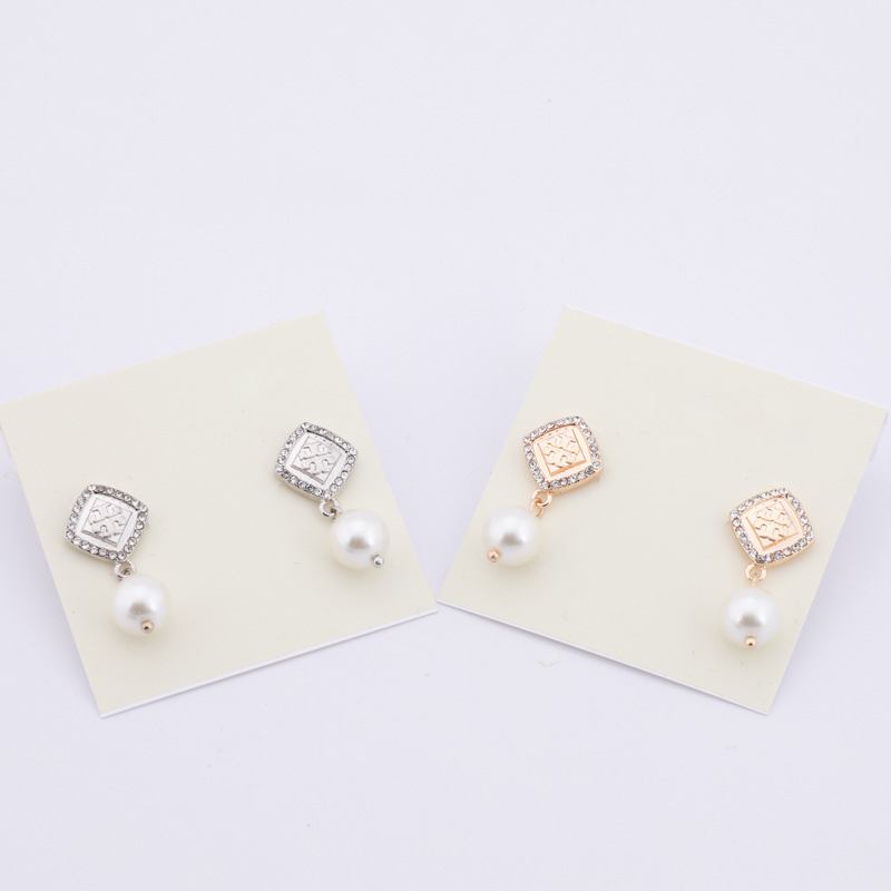 

Gold Pearl Charm Ear Stud Crystal Pave Square Earrings