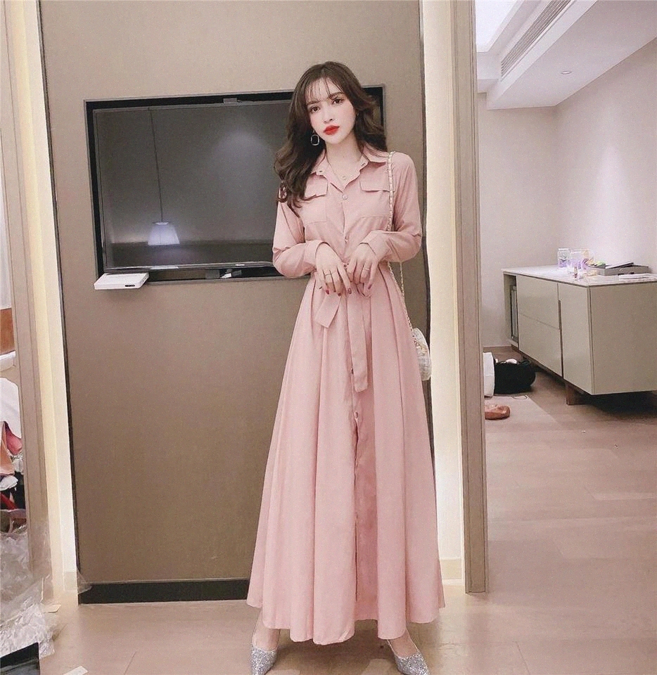 

JXMYY Autumn new women's long skirt long sleeve single breasted shirt skirt elegant temperament waist waist dress women #jP0V, Black;gray