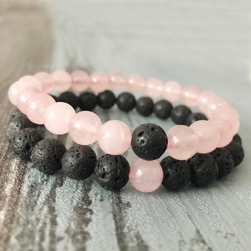

Tennis Couples Bracelets Friendship Black Lava Rock Rose Quartzs Natural Stone Beaded Bracelet Elastic Yoga Men Women1