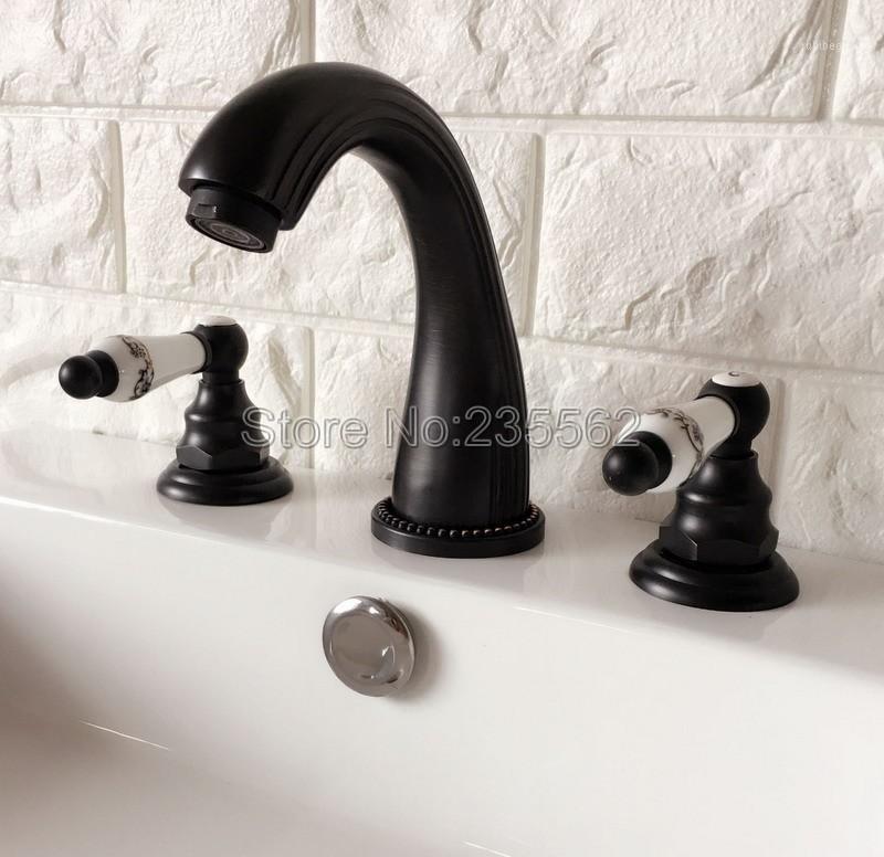 

Black Oil Rubbed Bronze Deck Mounted Bathroom Faucet Dual Handle Widespread Bath Tub Mixer Tap 3 Hole Vessel Sink Faucet Lhg0601
