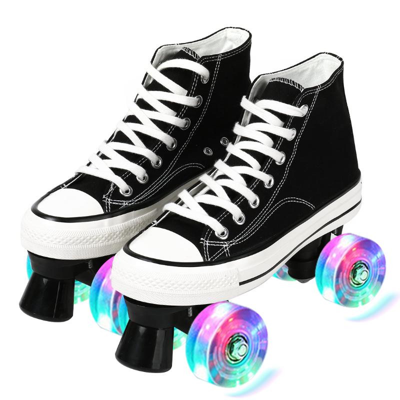 

2021 New Canvas Women Flashing Quad Roller Skates Shoes 4 Wheels Two Line Sliding Sneakers For Outdoor Gym Sports Girls Kids, Olive black wheel