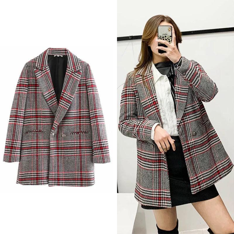 

2019 winter new lady uk style retro simple trend plaid double-breasted lapel suit jacket1, Red