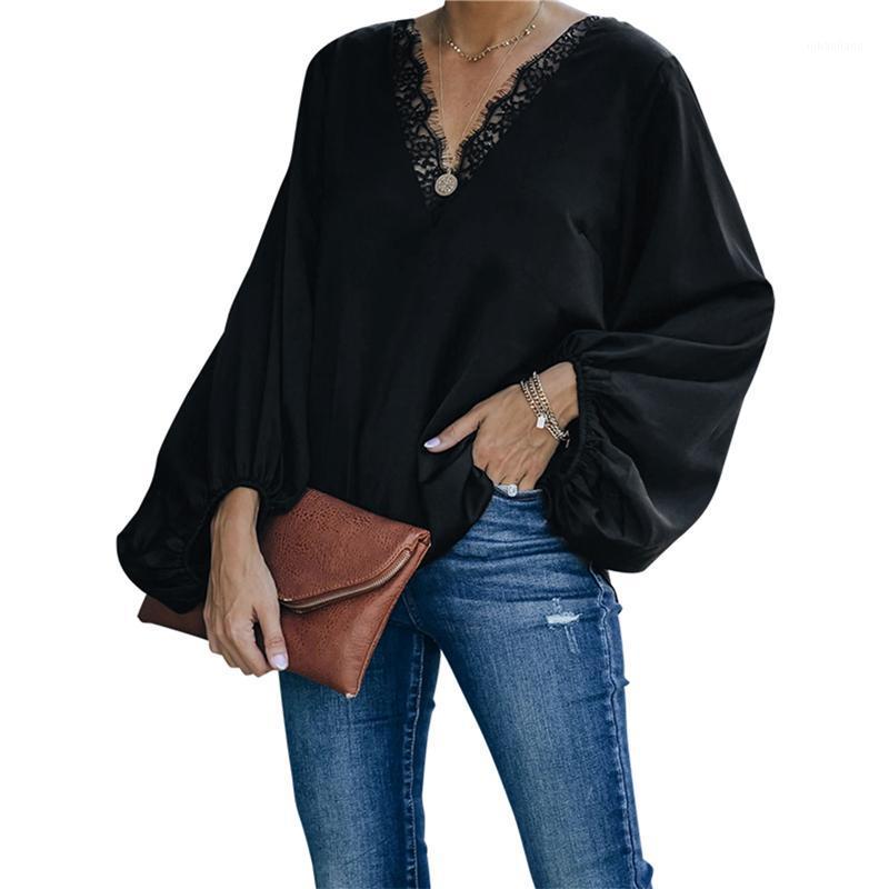 

2020 Women' Shirt Sexy Loose Lantern Sleeve Lace V-neck Stitching Top Ladies Blouses and Shirts New Fashion Shirt Woman Clothes1, As photo shows