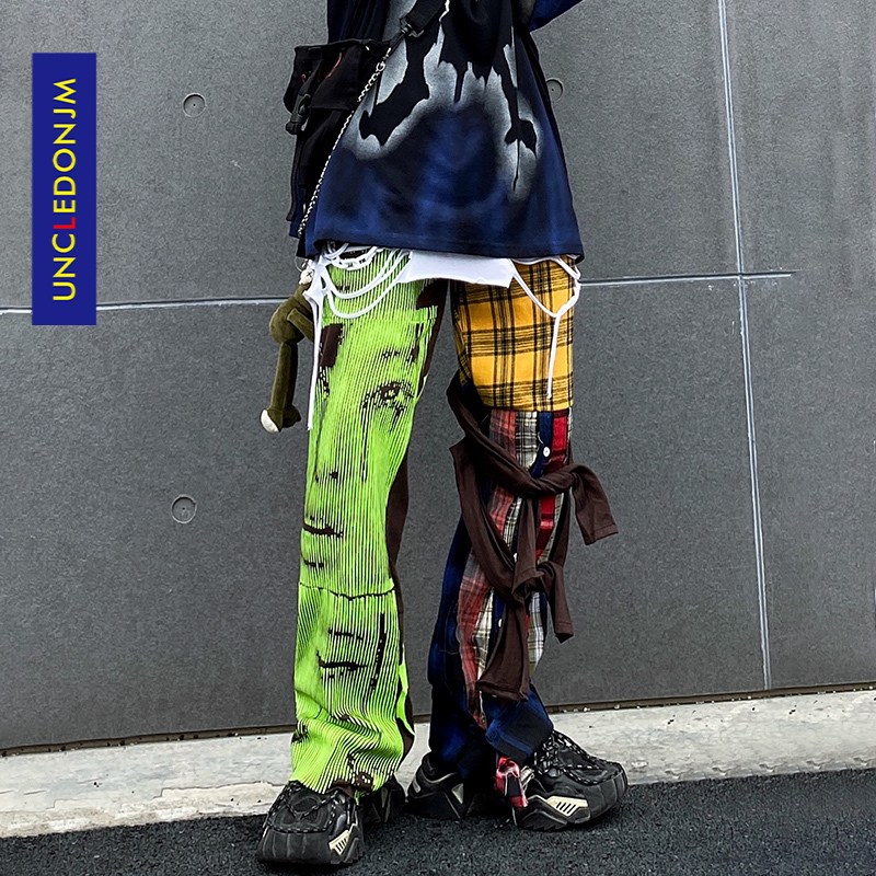 UNCLEDONJM Hip Hop Plaid Pants Men Ins Irregular Casual Pants Patchwork Pants Fashion Streetwear Trousers t2-a002 201125-image-641558436