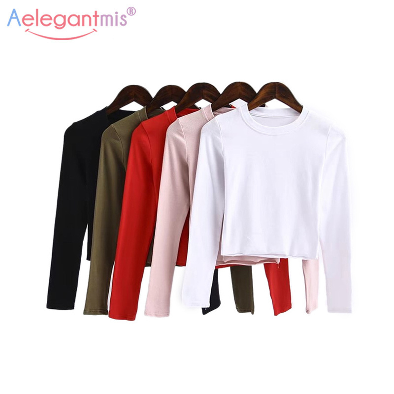 

Aelegantmis Fashion Solid Crop Tops Women Spring Long Sleeve T-Shirt Girl O-Neck Stretch Slim Short Tee Casual Streetwear Y200111, Pink