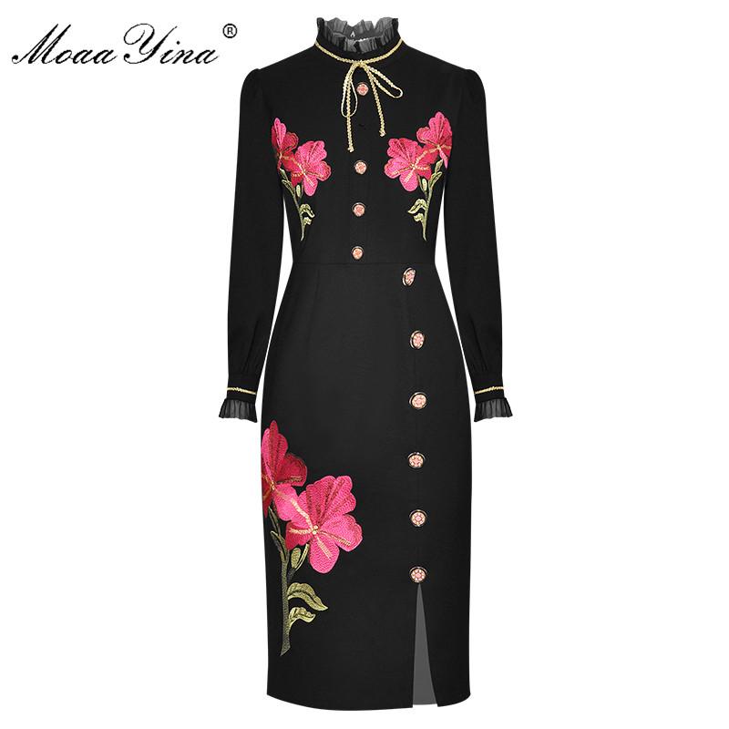 

MoaaYina Fashion Designer dress Spring Autumn Women' Dress Stand collar Long sleeve Flowers Embroidery Package buttocks Dresses, Black