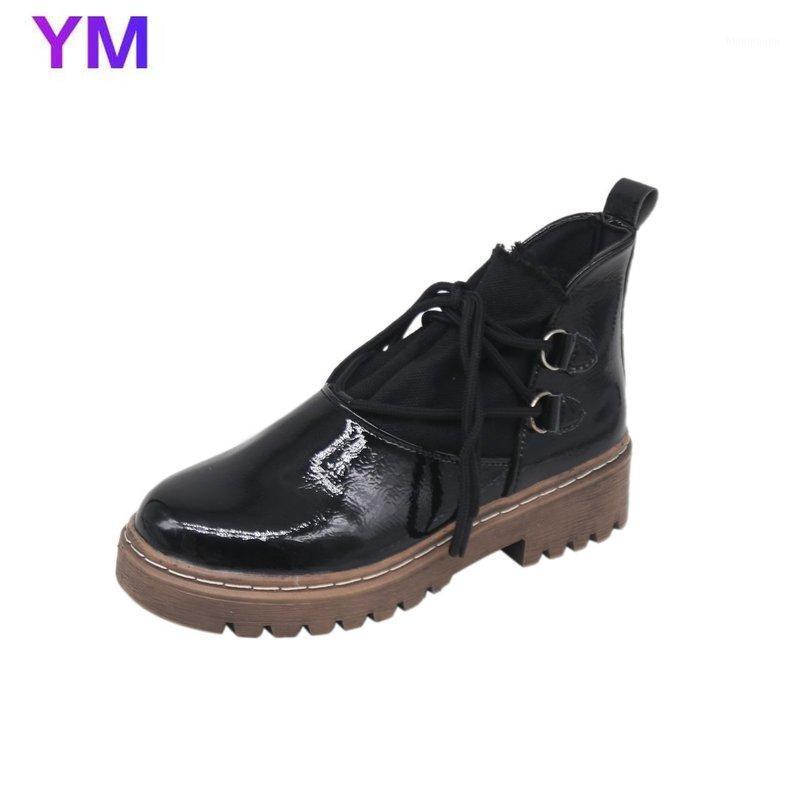 

2020 New Fashion Spring/Autumn Boots Women Rock Shoes Med Aquare Heel Luxury Designer Leather Booties Lace-Up Round Toe Boots PU1, Black