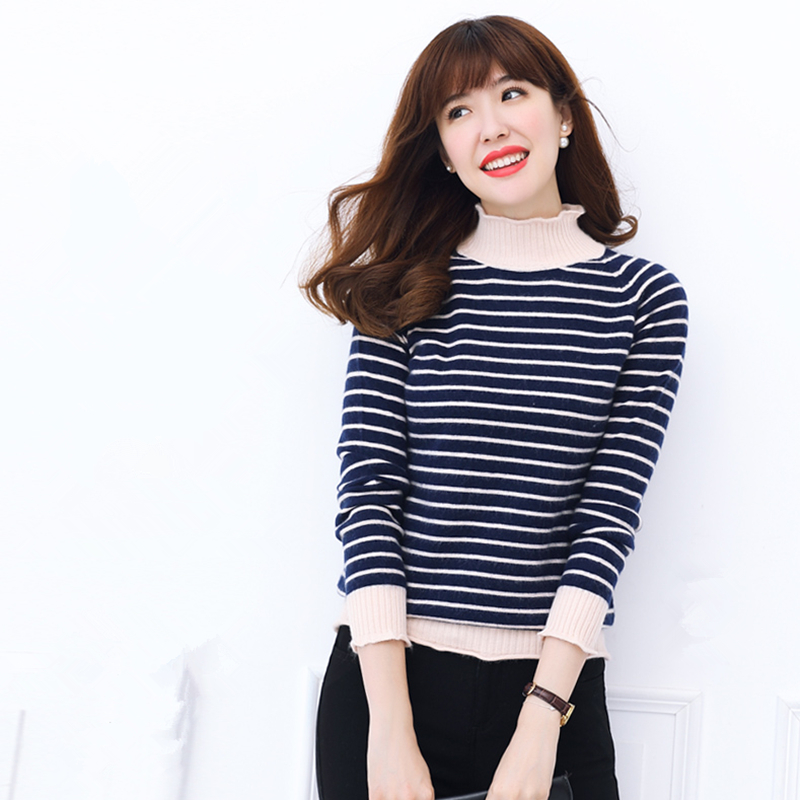 

Winter Cashmere Stripe Sweater Women Mode Soft Male Pullovers and Comfortable Half Female High Goal Shirt, Navy blue.