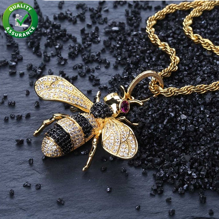 

Iced Out Pendant Hip Hop Jewelry Micropave Simulated Diamond CZ Bling Bee Pendant Necklace with Rope Chain for Men Luxury Designer Brand