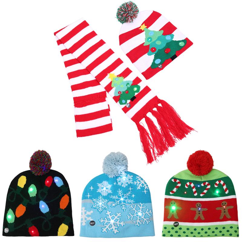

Happy New Year LED Knitted Christmas Hat Beanie Winter Light Up Warm Hat Scarf Set for Kids Adults Snowman Tree Xmas Party Cap, Ha1014-1