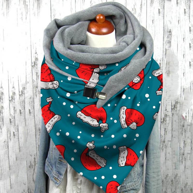 

1pc Scarf Fashion Christmas Santa Hat Lantern Print Foulard Winter Adult Metal Button Soft Wrap Casual Warm Scarves Shawls