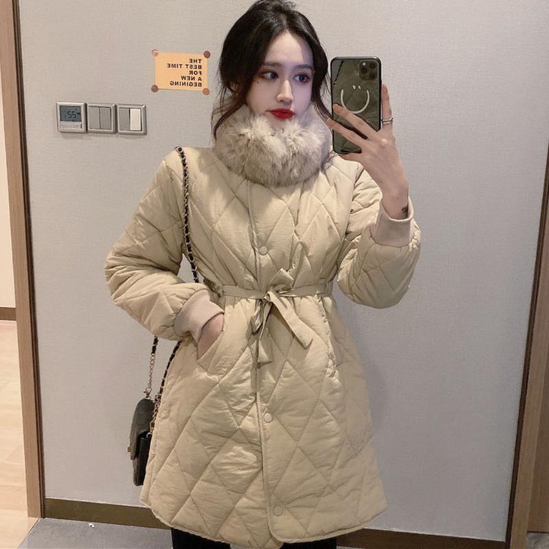 

Cotton Padded Down Jackets New Female 2020 Fashion Belt Wool Collar Elegent Slim Winter Women Solid Color Thick Overcoats, Black