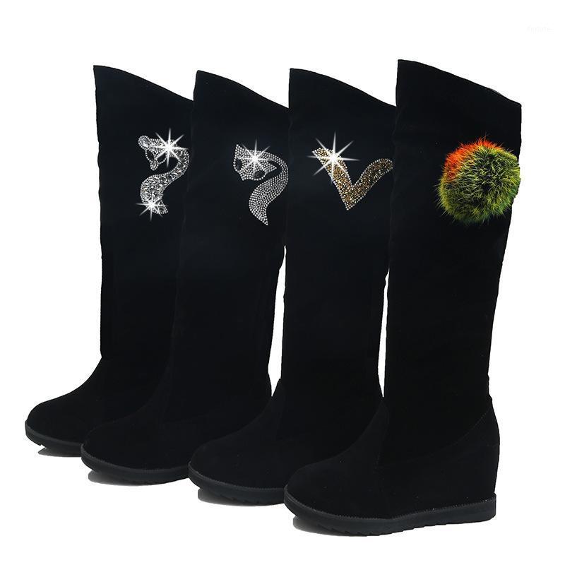 

2020 New Trend Over Knee Boots for Ladies Crystal Fuzzy Ball Flat Height Increasing Women Knee High Boots1, Black letter v