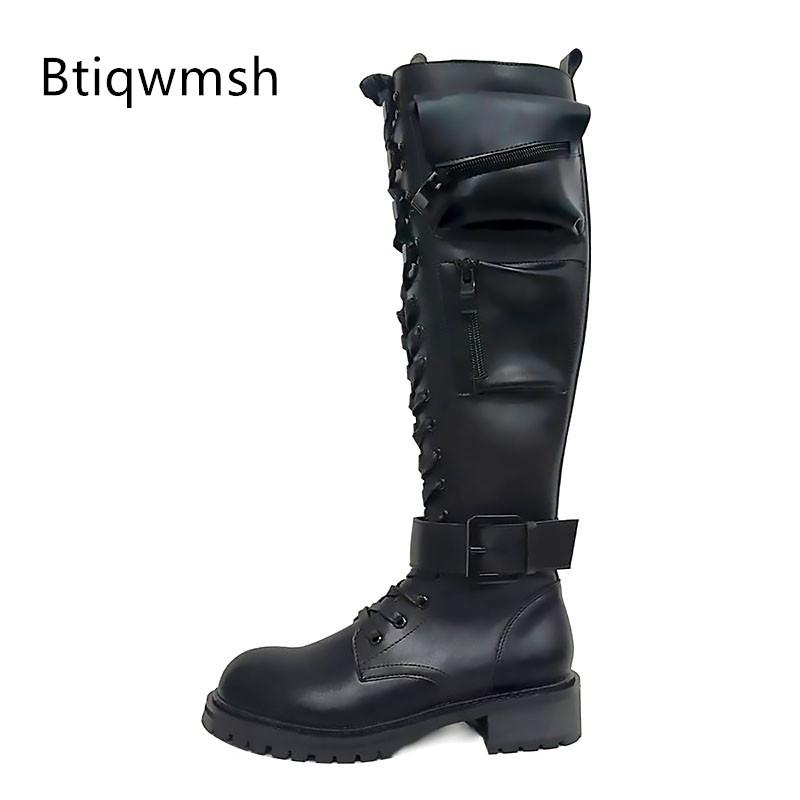 

2020 Chic Design Pocket Knee Boots Women Round Toe Black White Leather High Heel Botas De mujer Fashion Motorcycle Long Boots