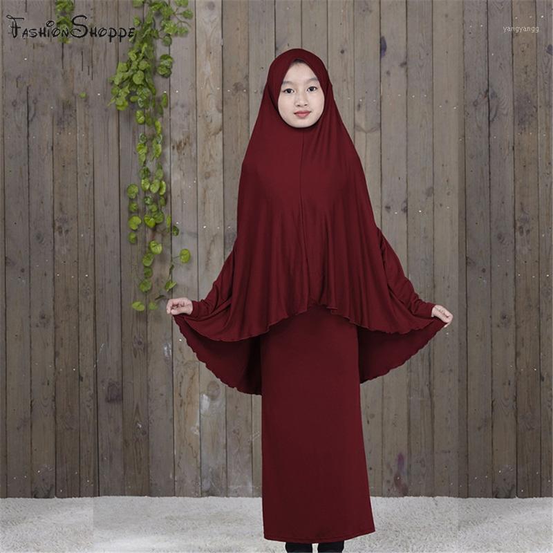

Traditional Abaya Hijab Robes for Girls Two Piece Muslim Prayer Clothes Kids Solid Loose Large Abayas D8281