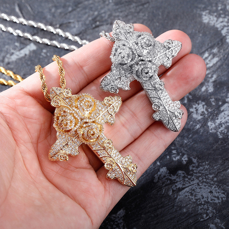 

Hip Hop Jewelry Rose Cross CZ Pendant Necklace High Quality Iced Out Bling Bling Cross Pendant Rappers Jewelry For Gift Party