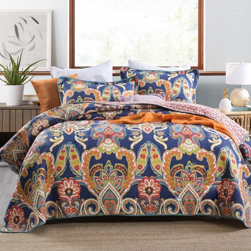 

Blue Print Bedspreads For Bed Quilt Set 3PCS Cotton Quilts Summer Blanket Bed Cover With 2 Shams Queen Size Coverlet1