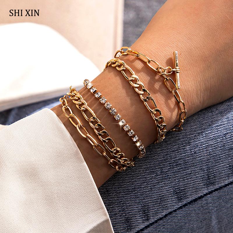 

SHIXIN 5 Pcs Punk Crystal Link Chain Bracelet Set for Women Trendy Charms Hand Chains Jewelry Shiny Rhinestone Bracelets Fashion
