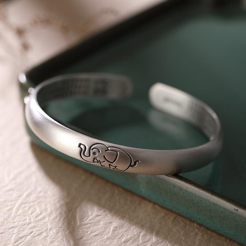 

silver retro auspicious elephant women's Heart Sutra Bracelet open solid bracelet full silver net red jewelry
