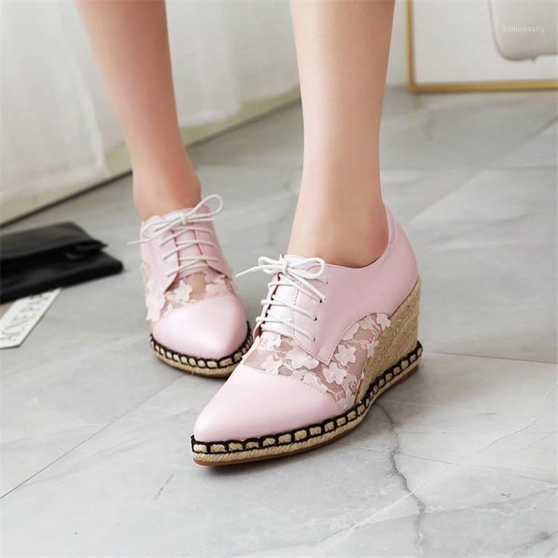 

Mesh Lace Stitching Lace-Up Pointed Toe Pumps Women's Shoes 2020 Spring Size 32-44 Straw Wedge Shoes Women Deep Mouth High Heels1, Beige x63