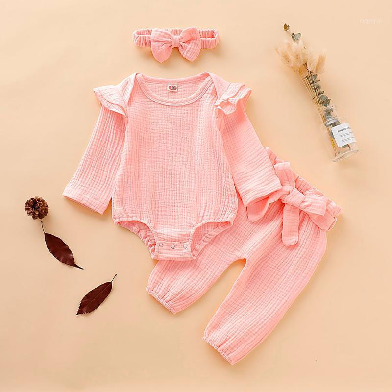 

2020 Newborn Infant Baby Girls 3pcs Sets Long Sleeve Solid Romper Bodysuit Floral Bow Pants Bow Headband Outfits Clothing1, Pink