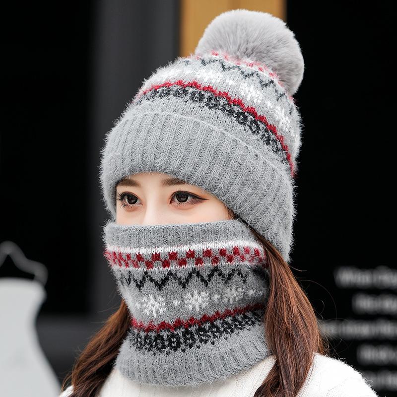 

Outdoor warm hat collar suit women add hair thickening cold knitted turtleneck cap lovely hair bulb cap, White