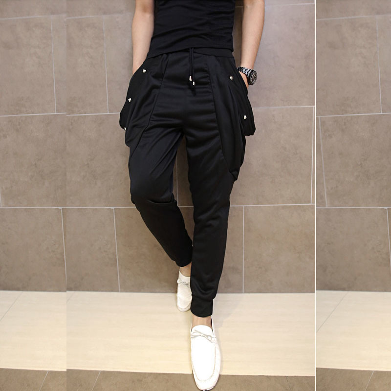 

2021 Men's Night Club Singer Hip Hop Hare Drop Manly Baggy Elastic Pants Stage Runners B48i, Black