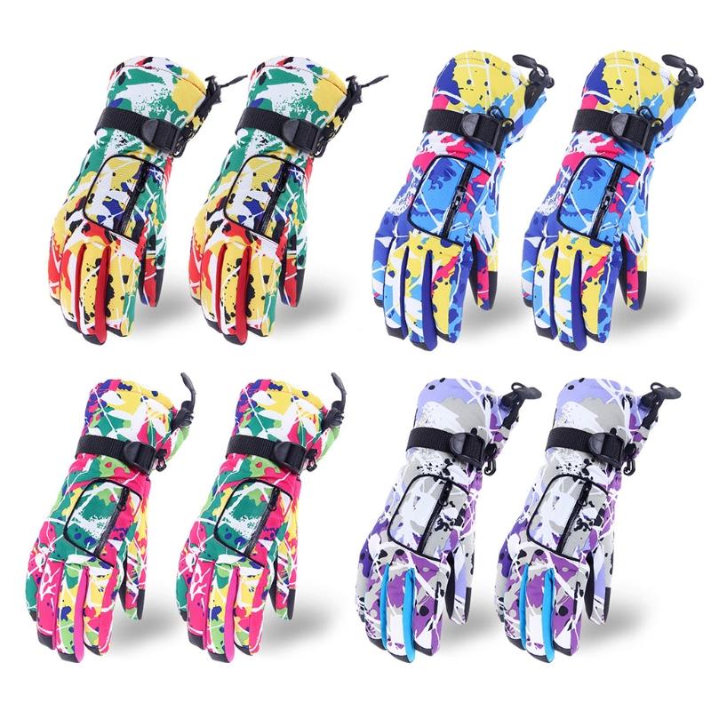 

Adult Winter Warm Waterproof Snow Ski Gloves Colorful Graffiti Printed Thermal Plush Lined Non-Slip Snowboard Mittens, Blue