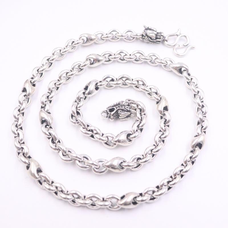 

New Fine Pure S925 Sterling Silver Chain Women Men 7mm Cable Figure Bead Link Dragon Head Necklace