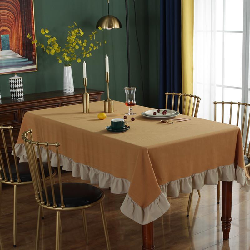 

European Style Retro Washed Wrinkles Cotton Color Matching Lotus Lace Tablecloth Hotel/Home Rectangle/Round Table Cloth Cover, Yellow