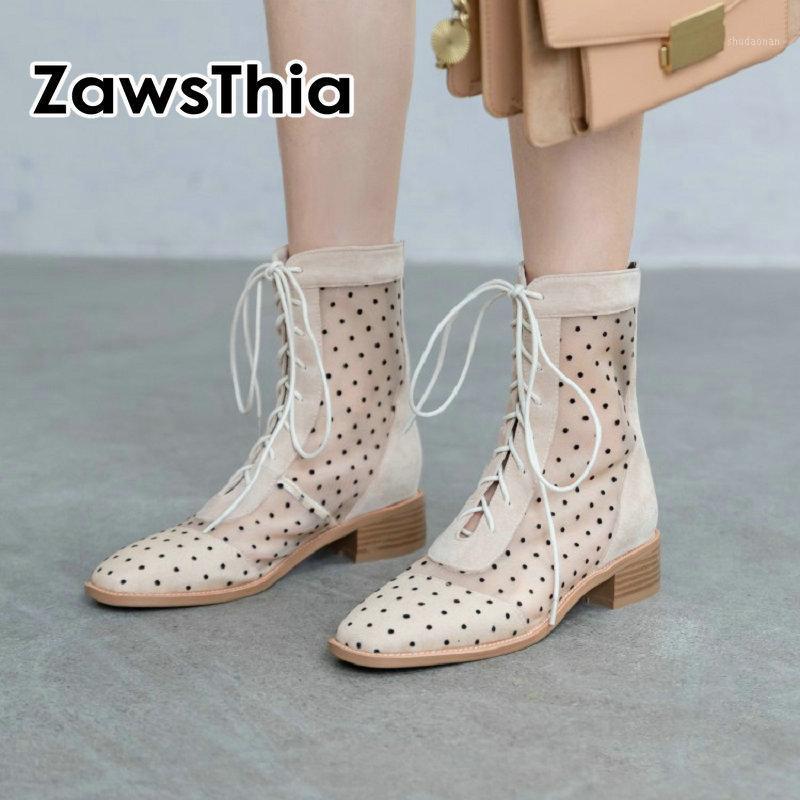 

ZawsThia 2020 summer spring air mesh net breathable woman ankle boots cross-tied polka dot women motorcycle boots botas1, Beige
