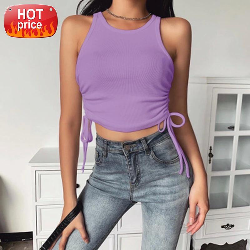 

2020 Fashion Sexy Solid O Neck Tank Tops Patchwork Shirring Off Shoulder Push Up Drawstring Trendy Night Club Party Crop Top #8f86, White