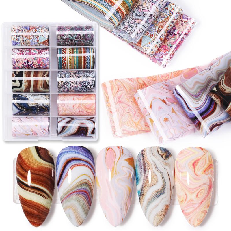 

10 Sheets 4*100cm Nail Transfer Foil Marble Nail Art Stickers Retro Pattern Art Decals DIY Nails Accessories, Pcs-