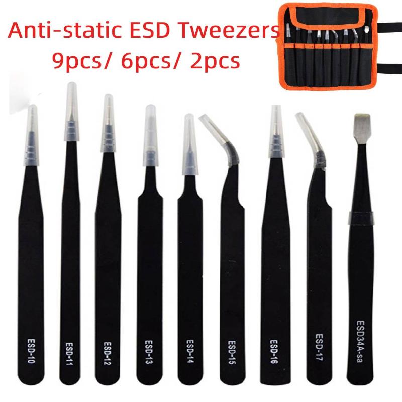 

9pcs Tweezers ESD10-17 High-elastic Anti-static Stainless Steel Soldering Tweezers Hand Tool Set for Soldering Station Tool Kit