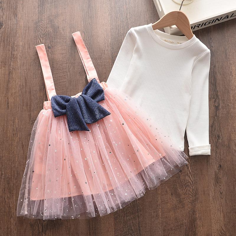 

Children Two-pieces lovely Set Long Sleeve Round Collar solid pullover Tops Lace Strap bow Tulle skirts Mesh Autumn Clothing, Gray