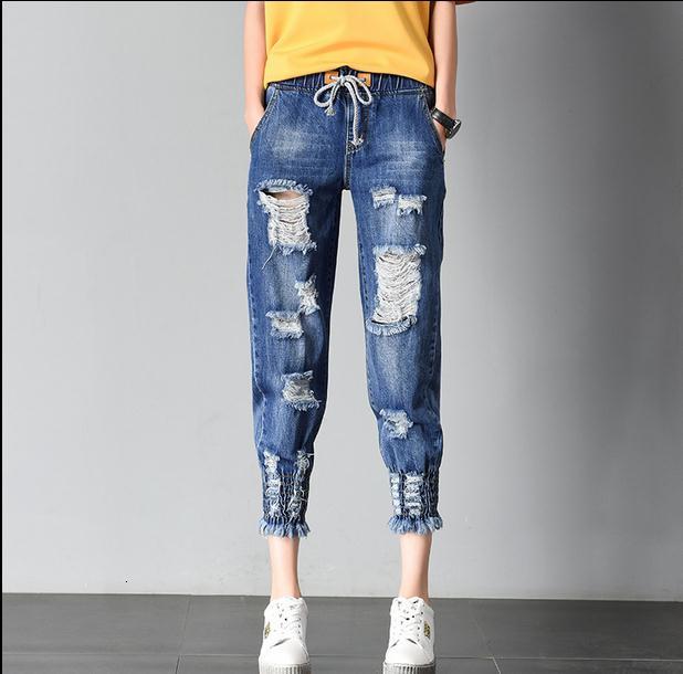 

Holes Women's Jeans New Summer Waist Harem Down Seven Denim Pants E97f, Blue