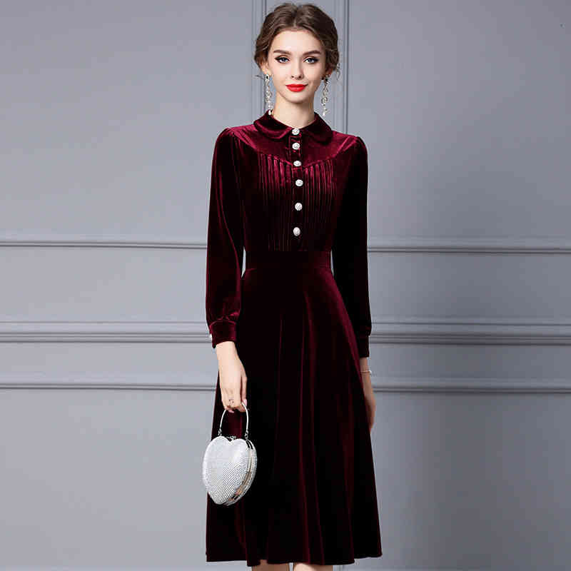 

Casual Dresses Zhili winter dress baby collar golden velvet aging medium and long A-type with coat skirt JOIQ, Wine