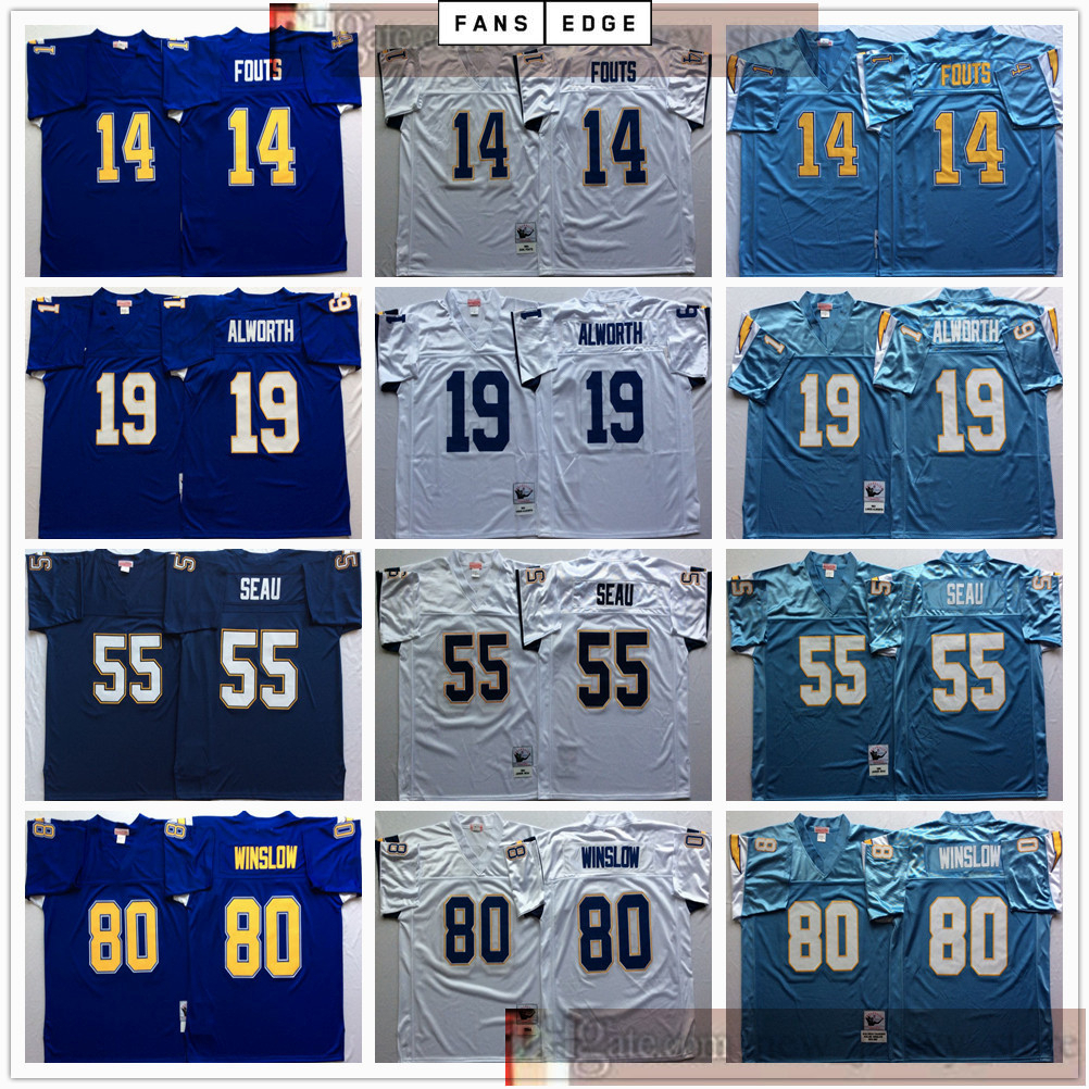 

NCAA Football Retro Vintage 55 Junior Seau Jersey Sewn 80 Kellen Winslow 19 Lance Alworth 14 Dan Fouts Jerseys Men Blue White, As picture