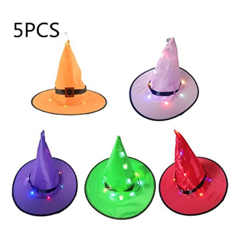 

5pcs Halloween Witch Hat with LED Light Glowing Witches Hat Hanging Halloween Decor Suspension Tree Glowing for Kids