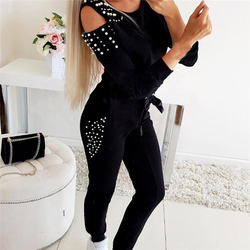

Women Tracksuit Sportswear Fashion Solid Color Sport Suit Beading Sweatshirt And Pant Tracksuit Sport Suit Sportswear, Black