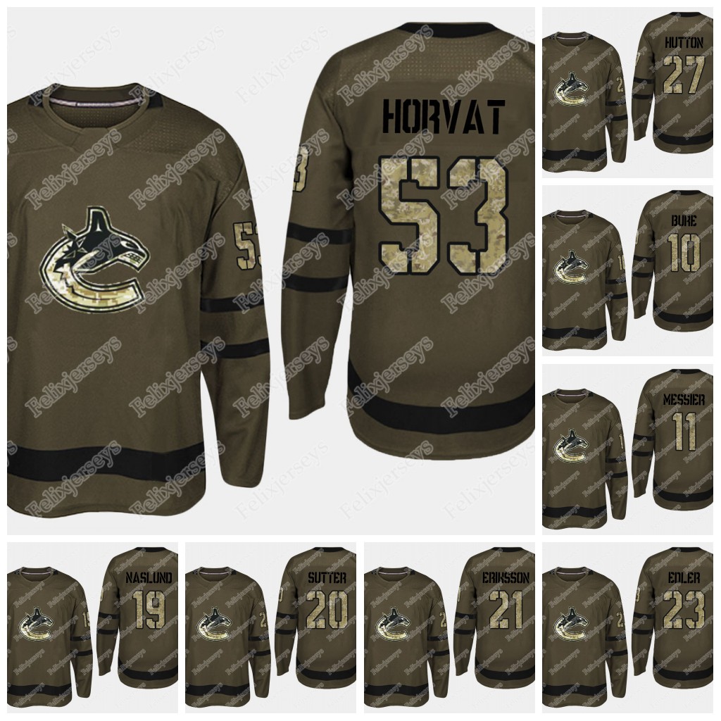 

Vancouver Canucks camo Military Jersey 53 Bo Horvat (C) Elias Pettersson Quinn Hughes Brock Boeser Braden Holtby Nate Schmidt J.T. Miller, Black;red